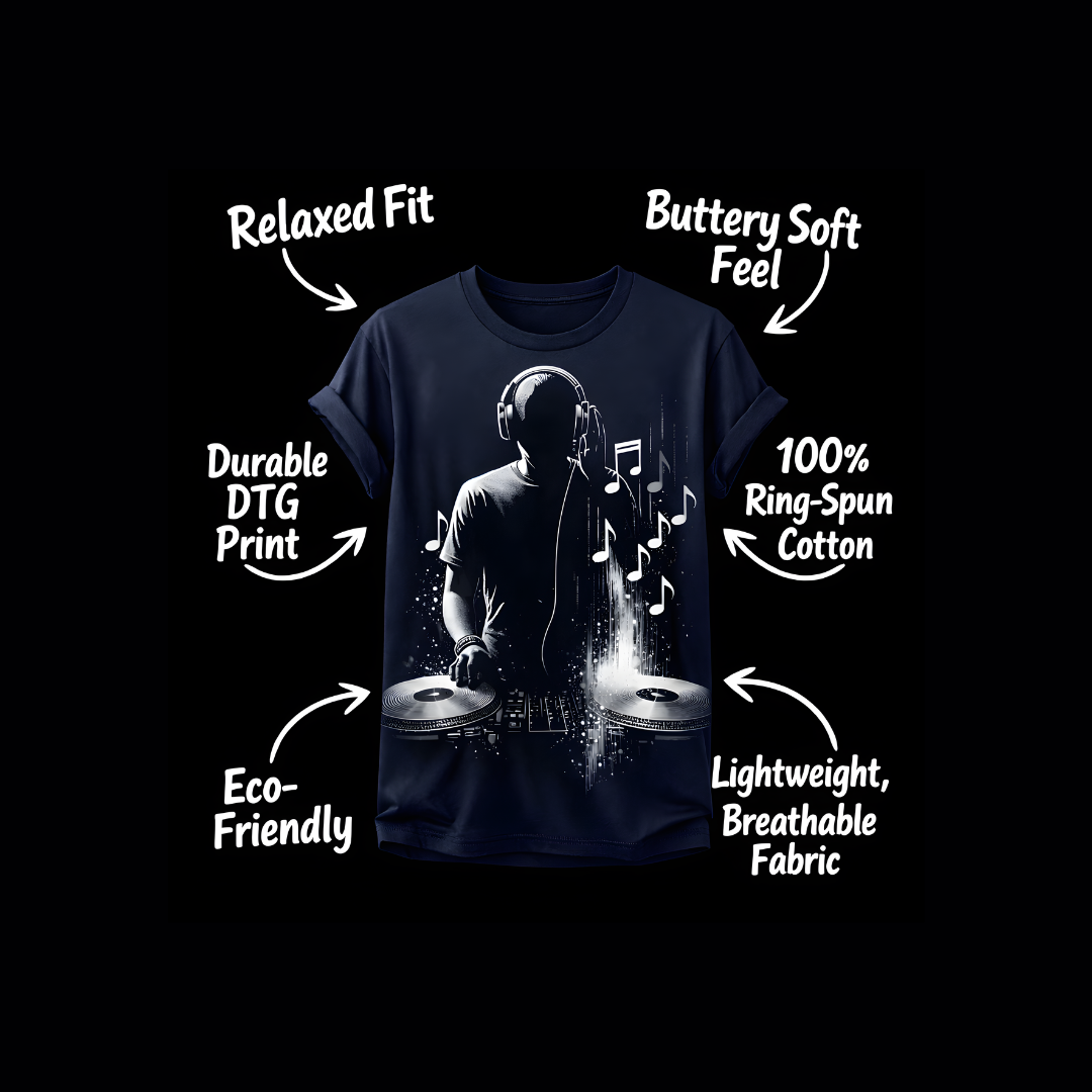 Vintage music DJ graphic t-shirt with headphones and turntables, relaxed fit, eco-friendly