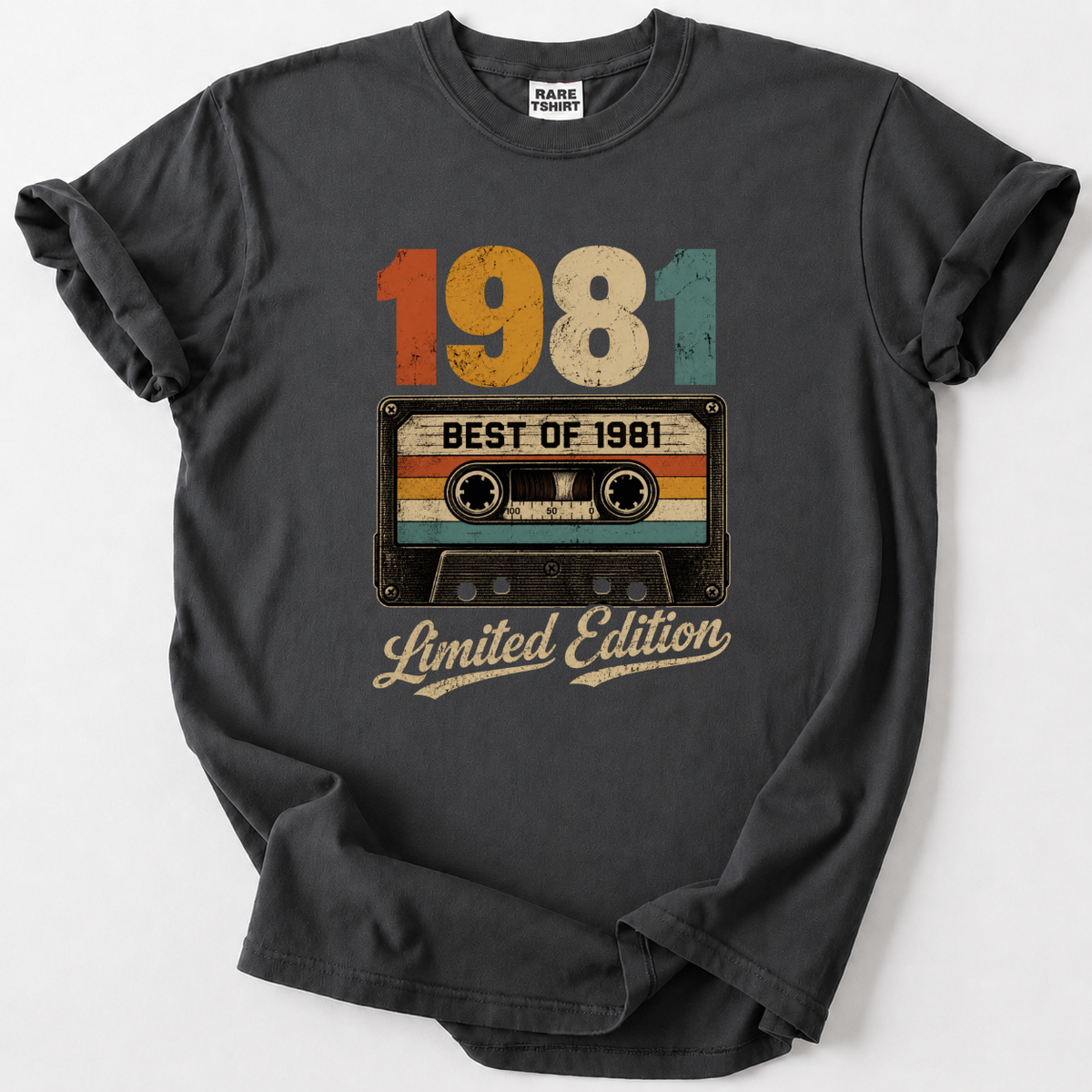 charcoal t-shirt with vintage 1981 cassette tape design, limited edition music tee