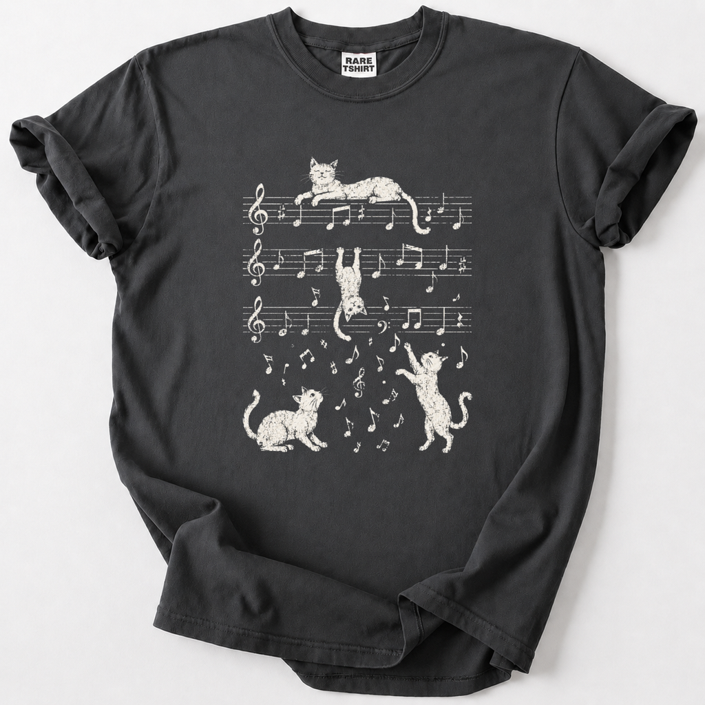 Playful cats dance across the staff lines in this whimsical music-lover's tee. Soft, premium cotton for everyday comfort.