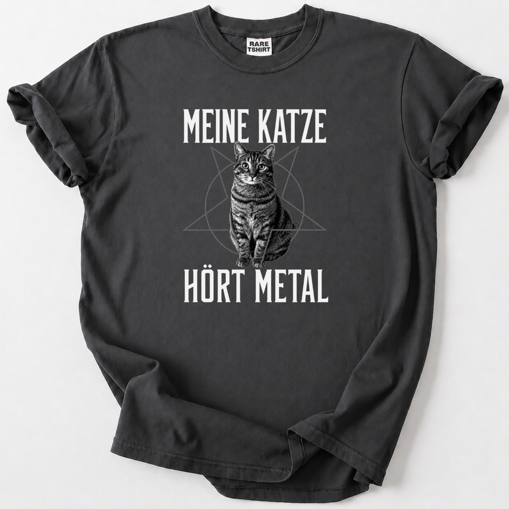 An olive green short-sleeve t-shirt with a graphic print of a skull and the words 'MUSIC ROCK' in a distressed white font, laid flat on a light gray background.