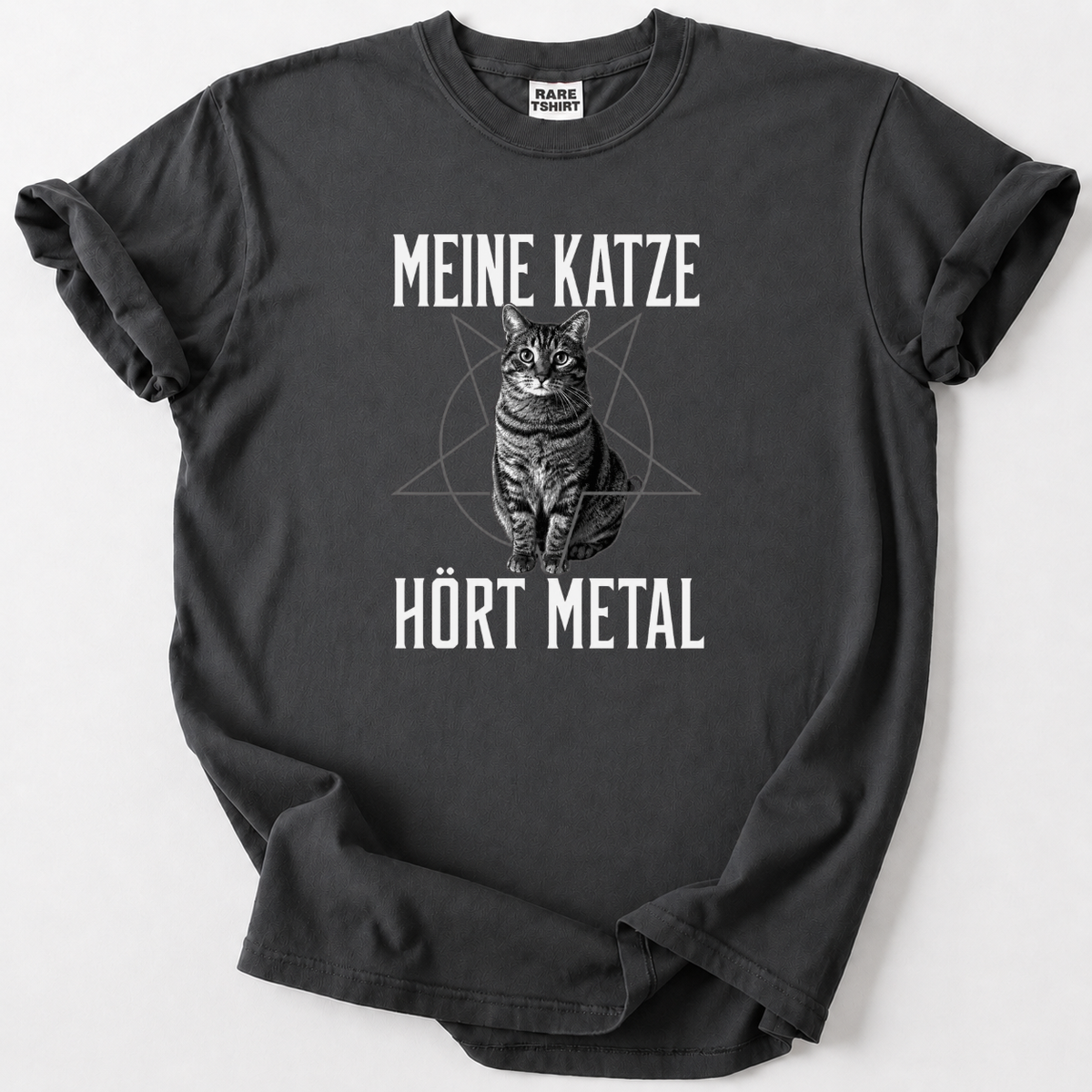An olive green short-sleeve t-shirt with a graphic print of a skull and the words 'MUSIC ROCK' in a distressed white font, laid flat on a light gray background.