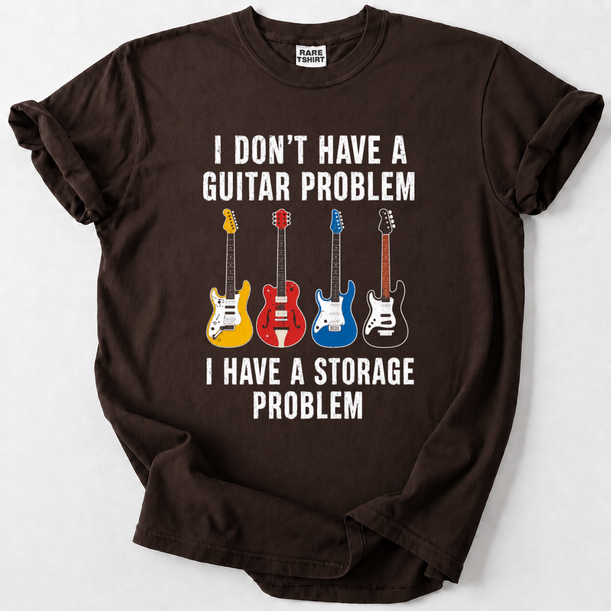 Funny guitar collector t-shirt with four classic guitars and "storage problem" quote design