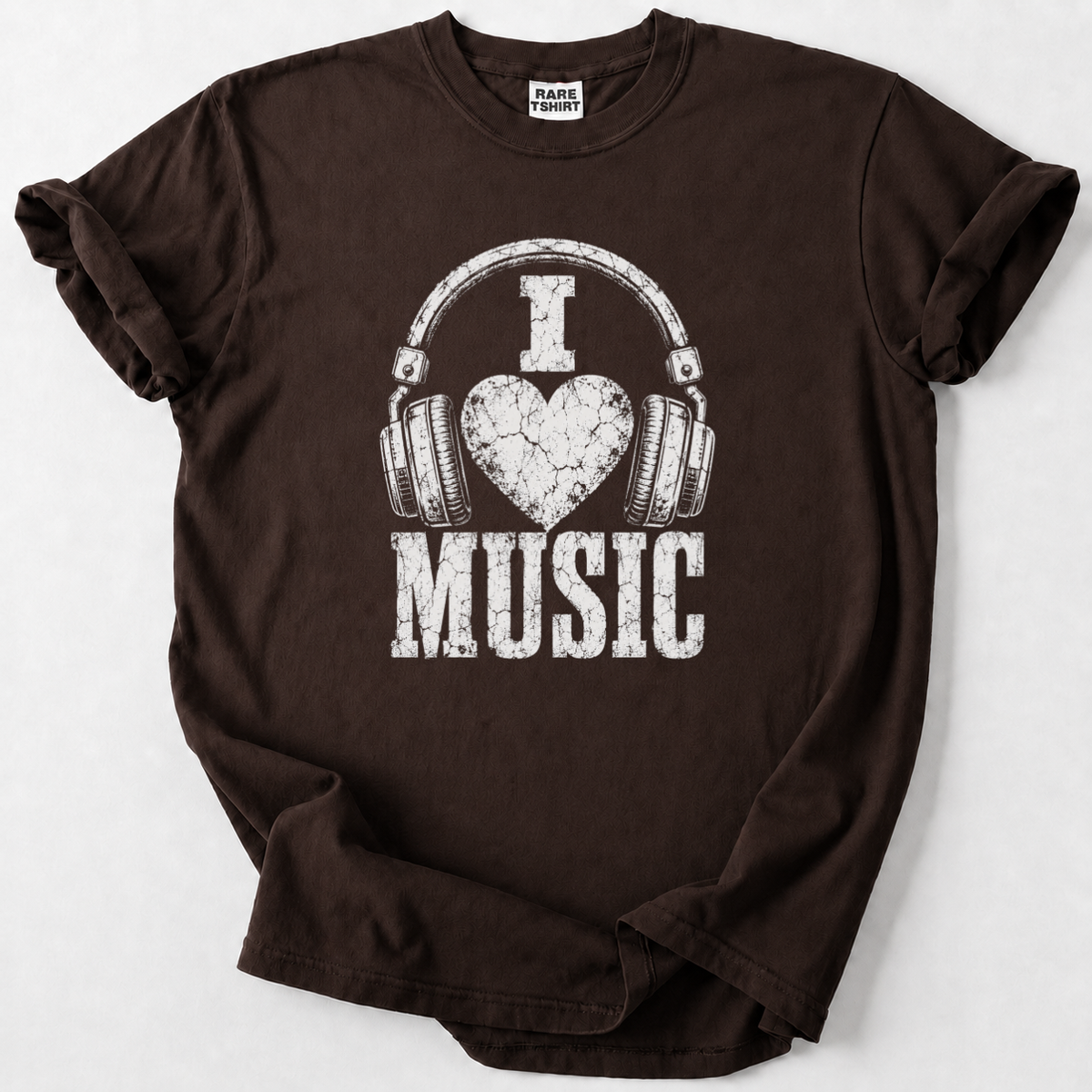 dark  I Love Music t-shirt with heart headphones graphic for music lovers