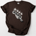 Rock-inspired bass guitar headstock tee for true music lovers. Premium soft cotton, vintage distressed art, perfect gift for bassists &amp; rock fans.