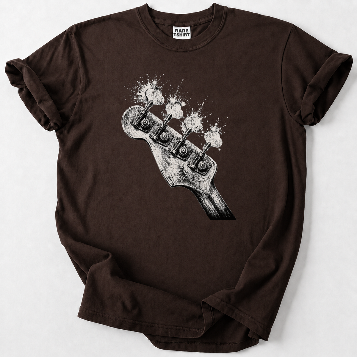 Rock-inspired bass guitar headstock tee for true music lovers. Premium soft cotton, vintage distressed art, perfect gift for bassists &amp; rock fans.