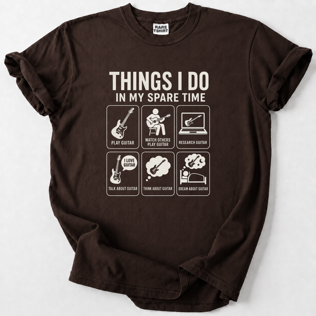 Hilarious guitar lover t-shirt for musicians who play, watch, research, talk, think and dream about guitar. Soft premium cotton, perfect music gift.