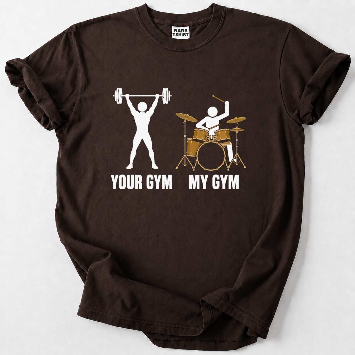 Funny drummer t-shirt for musicians who know their real workout happens behind the kit. Soft, durable cotton. 