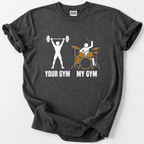 Funny drummer t-shirt for musicians who know their real workout happens behind the kit. Soft, durable cotton. 