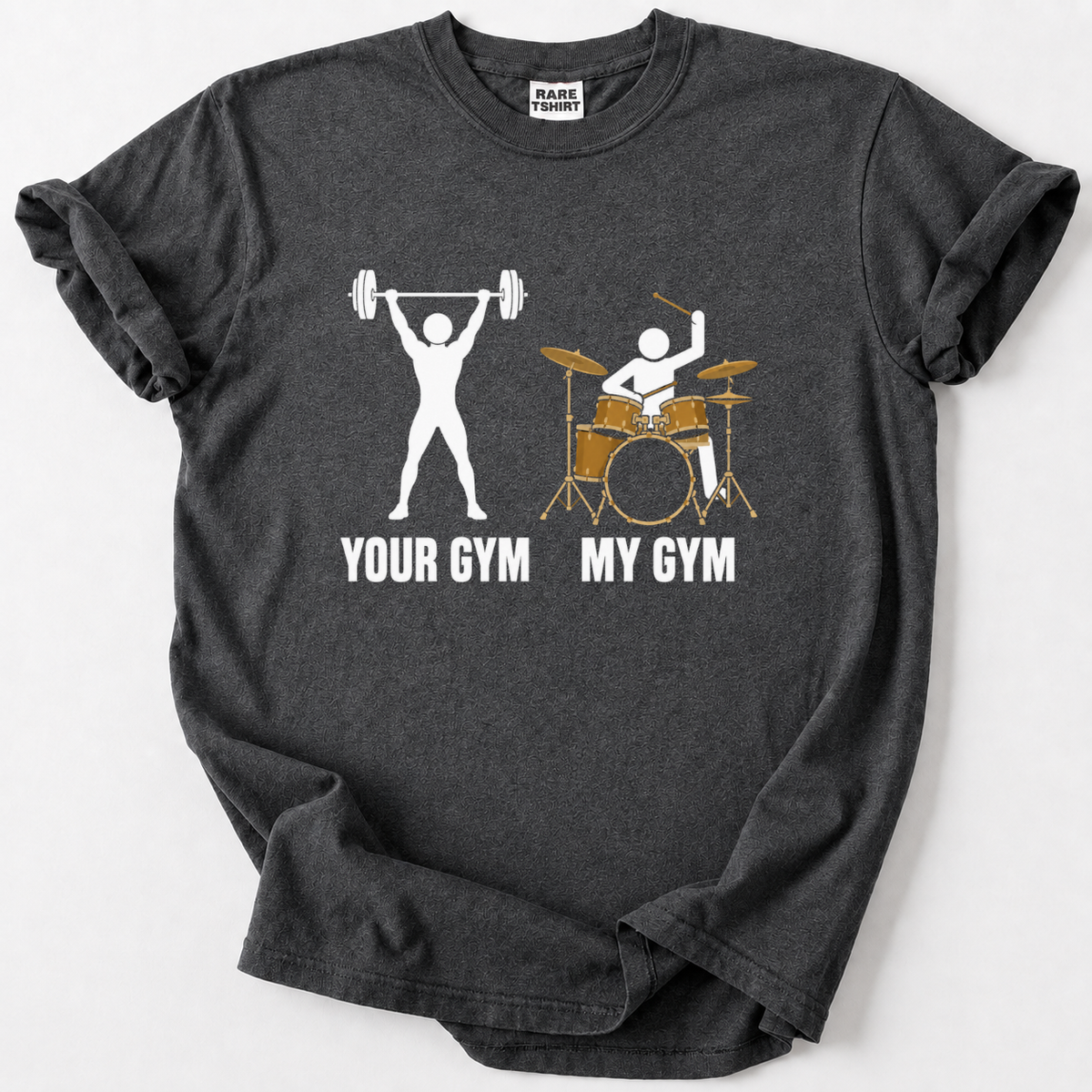 Funny drummer t-shirt for musicians who know their real workout happens behind the kit. Soft, durable cotton. 