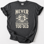 Rock the decks at any age with our Never Too Old DJ Skeleton Tee. Premium soft cotton, bold vintage graphic 