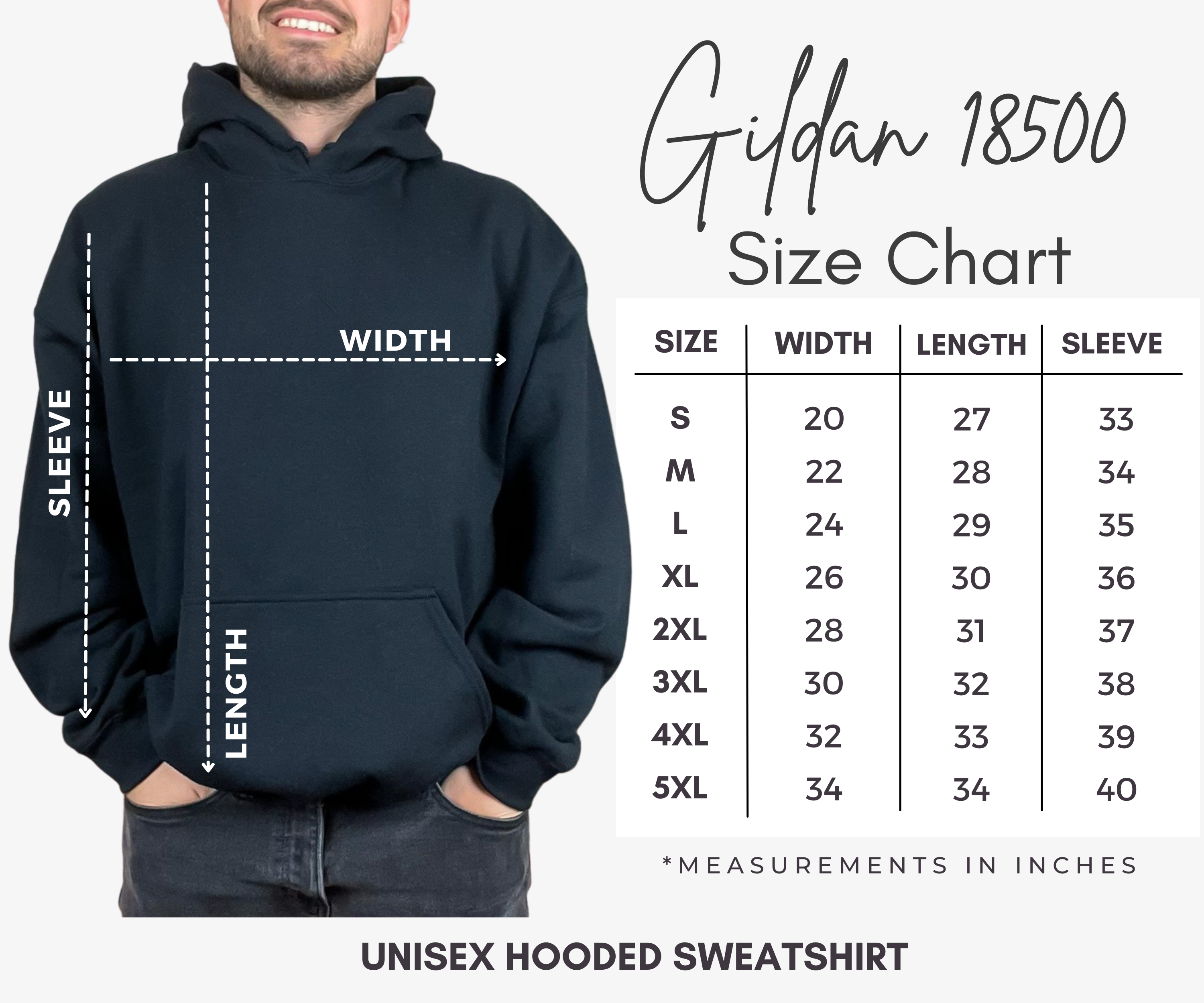 Unisex Gildan 18500 black vintage music hoodie size chart with width, length, sleeve guide.