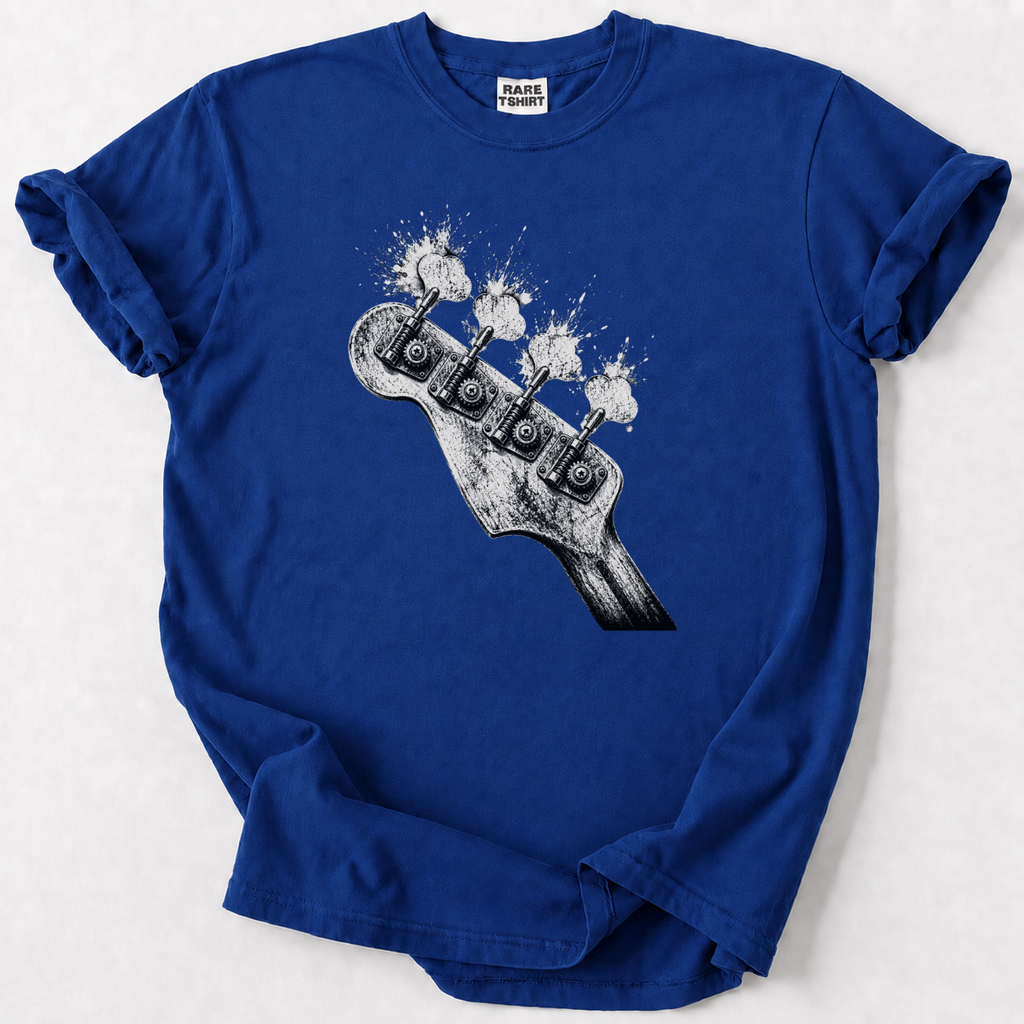 Rock-inspired bass guitar headstock tee for true music lovers. Premium soft cotton, vintage distressed art, perfect gift for bassists &amp; rock fans.