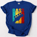 A royal blue short-sleeve t-shirt with a graphic print on the front. The graphic features the word 'BASS' in large, distressed vertical letters colored teal, yellow, and red, overlaid with a dark blue silhouette of a bass guitar.