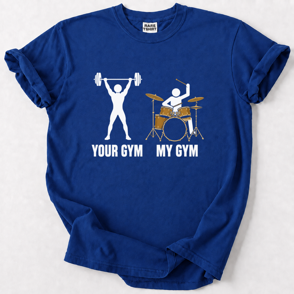 Funny drummer t-shirt for musicians who know their real workout happens behind the kit. Soft, durable cotton. 