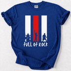 A royal blue short-sleeve t-shirt with a graphic print on the front. The graphic features three vertical stripes in white, red, and white, with dark blue silhouettes of rock musicians playing instruments and singing.