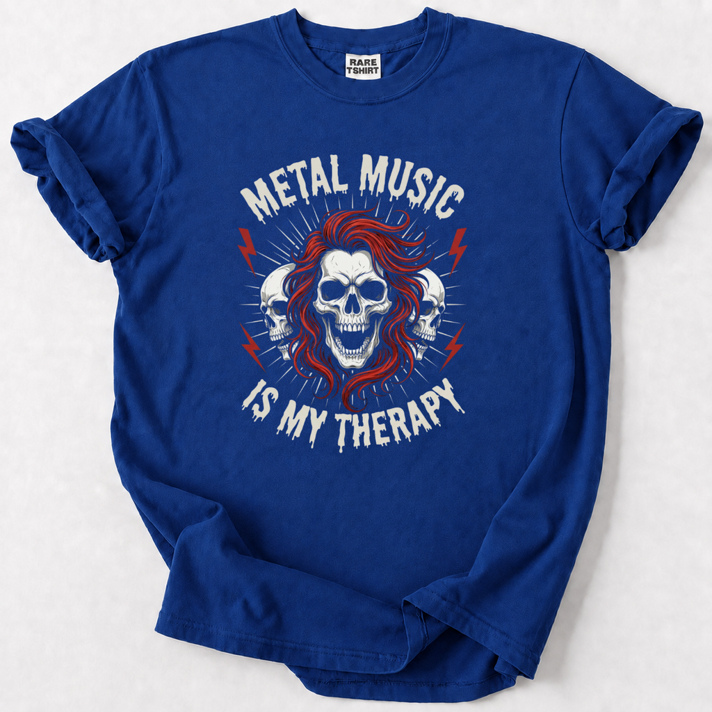  Metal Music Is My Therapy tee. Bold skull art, premium cotton comfort. 