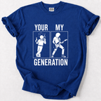 A royal blue short-sleeve t-shirt with a white graphic print that reads 'YOUR MY GENERATION' and shows two white stick figures in separate boxes, one holding a beer and one holding a guitar. The shirt is laid flat on a light gray background.