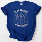 Dance till the end with our Play Techno At My Funeral tee. Bold skeleton graphic for ravers &amp; techno lovers. Soft cotton comfort. 