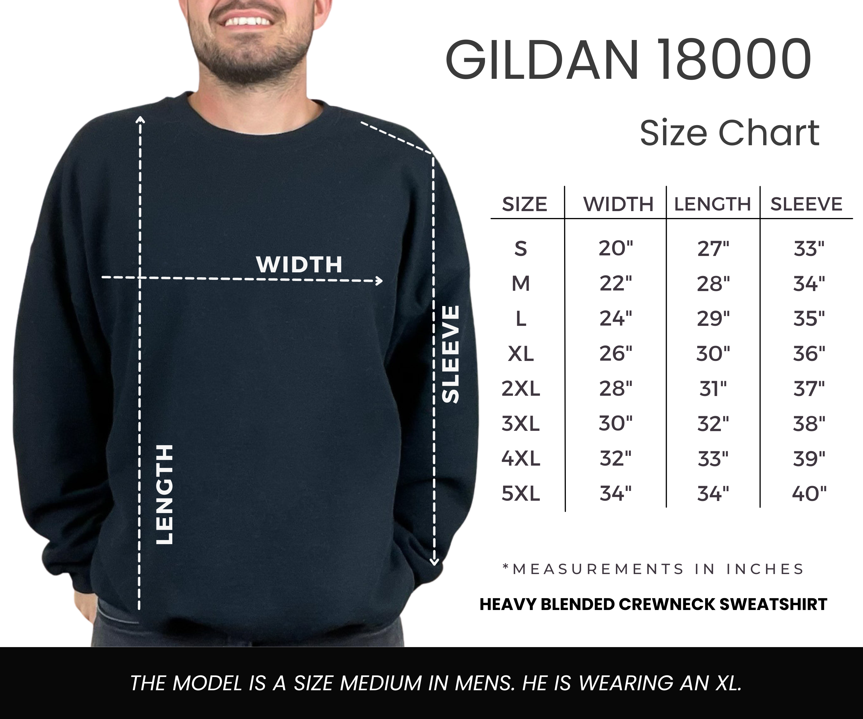 Gildan 18000 size chart with model in black vintage music crewneck sweatshirt, Rare Tshirt