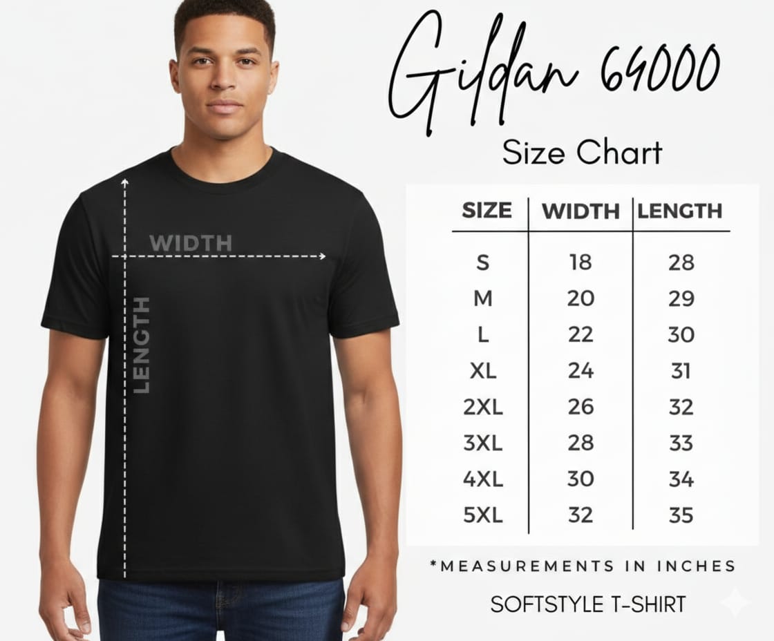Man wearing Rare Tshirt softstyle black t-shirt, Gildan 64000 size chart, music vintage style.