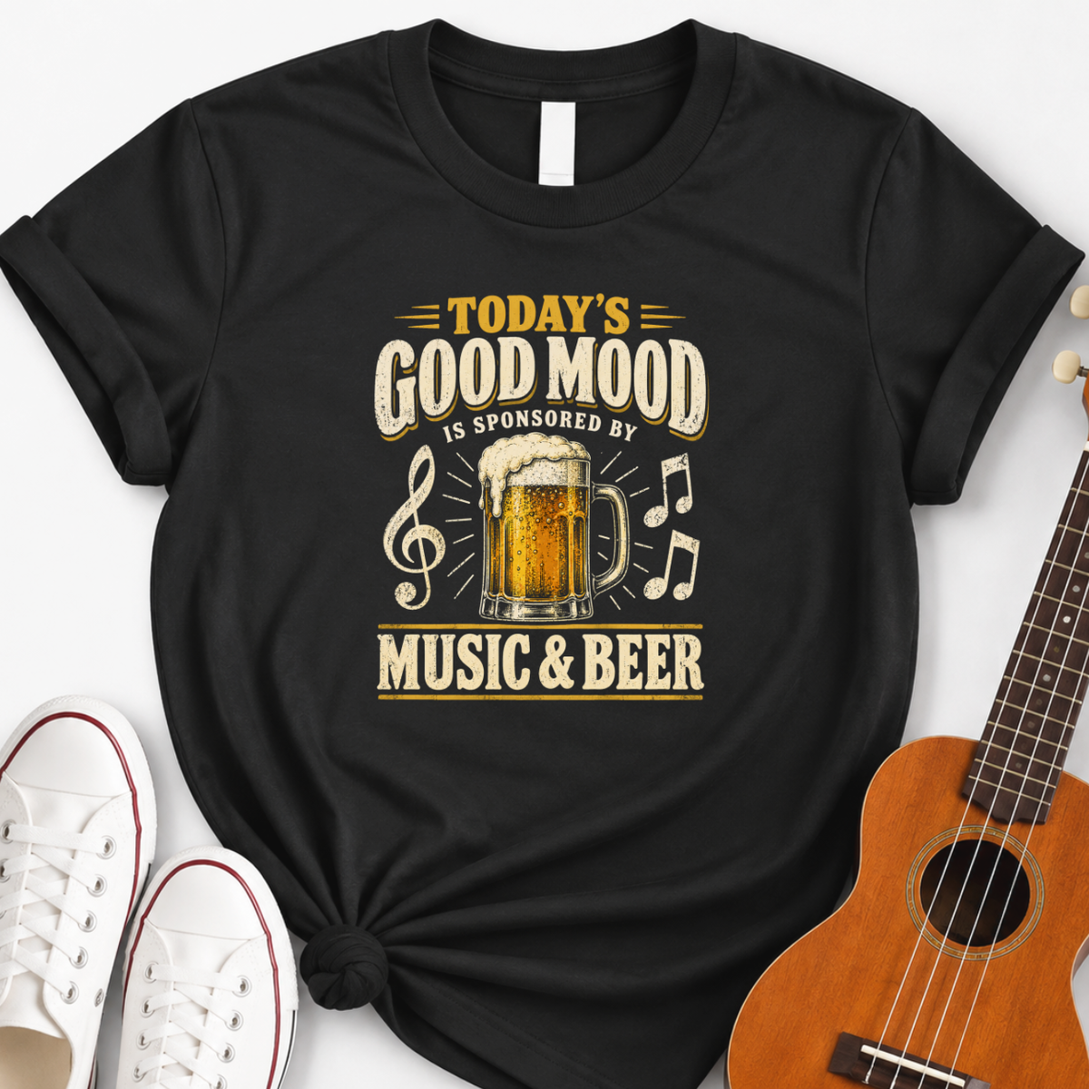 Black t-shirt with vintage music and beer graphic design for classic rock fans