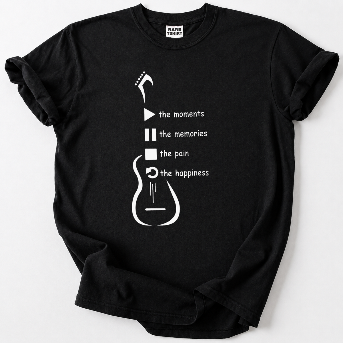 Unique guitar-inspired t-shirt for music lovers. Play the moments, pause the memories, stop the pain, repeat the happiness. Soft premium cotton tee.