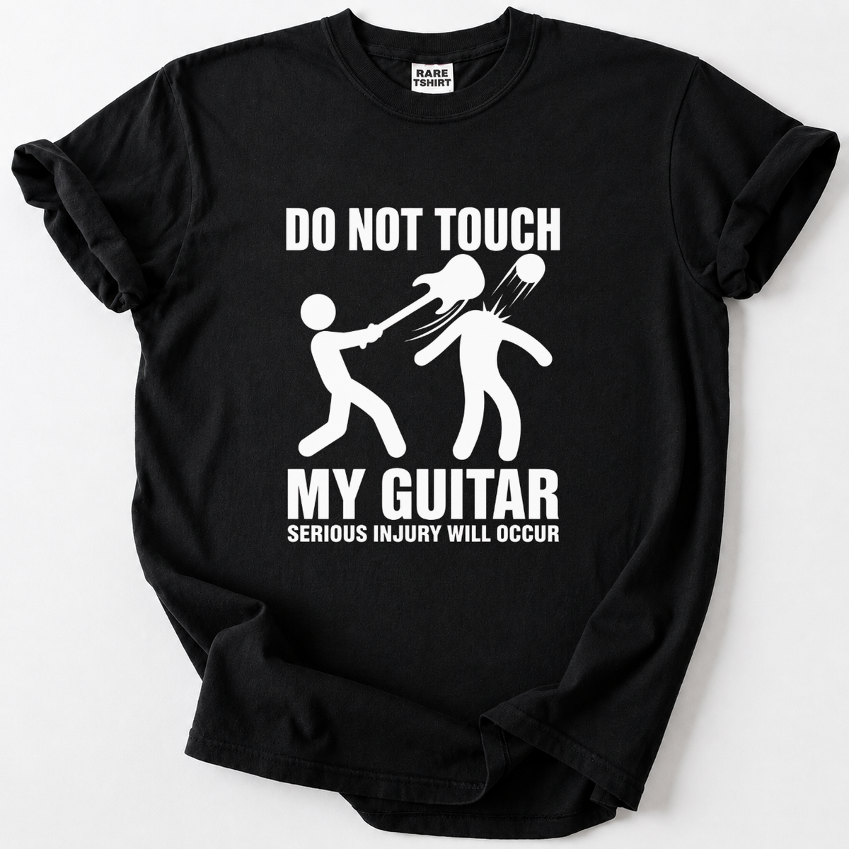 Funny "Do Not Touch My Guitar" black t-shirt design for rock musicians and guitarists