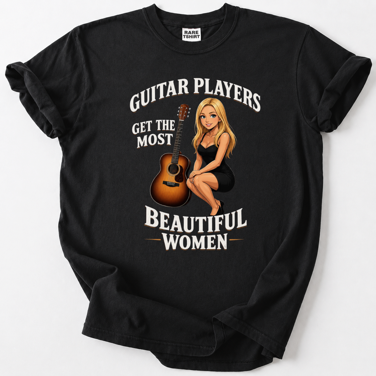 Black guitar player t-shirt with vintage rock graphic design for music lovers