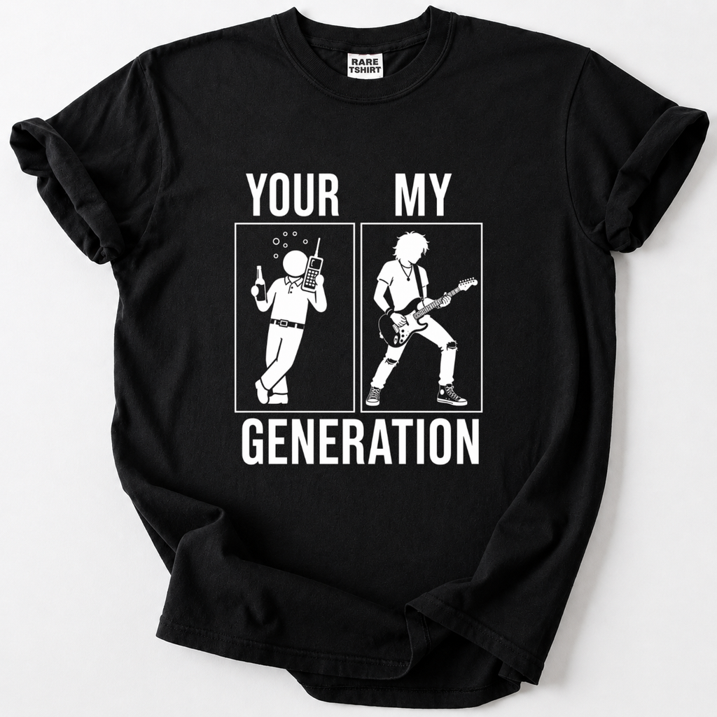 Black t-shirt with Your Generation classic rock guitar player graphic design