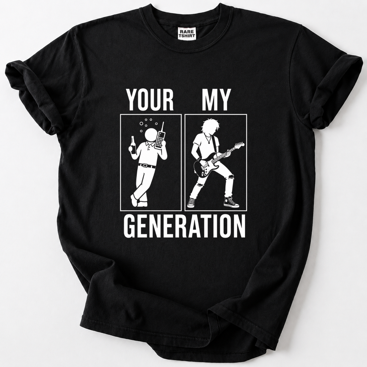 Black t-shirt with Your Generation classic rock guitar player graphic design