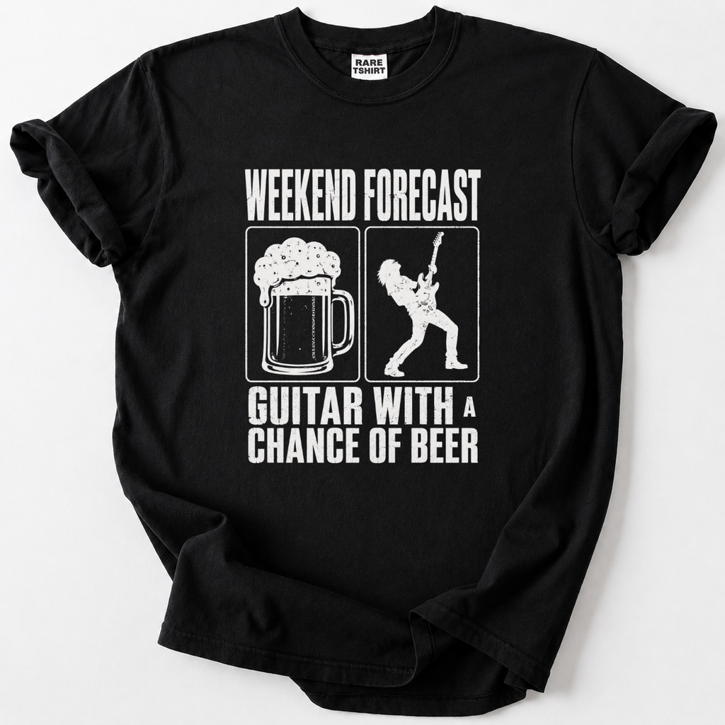 Black t-shirt with funny "Guitar With a Chance of Beer" guitarist and beer mug graphic
