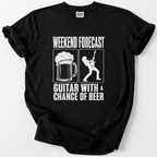 Black t-shirt with funny "Guitar With a Chance of Beer" guitarist and beer mug graphic