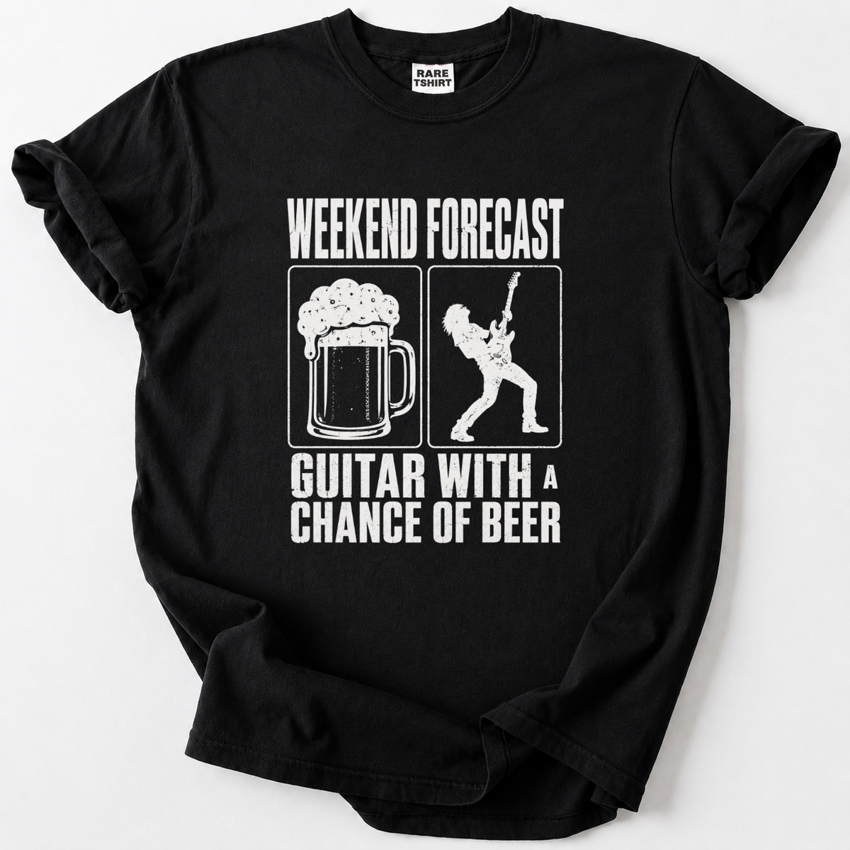 Black t-shirt with funny "Guitar With a Chance of Beer" guitarist and beer mug graphic