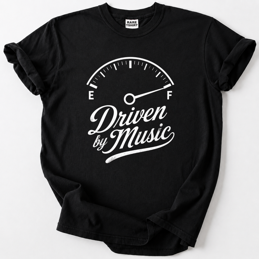 Fuel gauge on full for music lovers. Soft, premium cotton tee with a bold retro design for true rock fans. Buy Now and wear your passion.