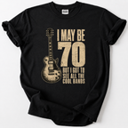 Black vintage guitar t-shirt with 70th birthday rock band quote design