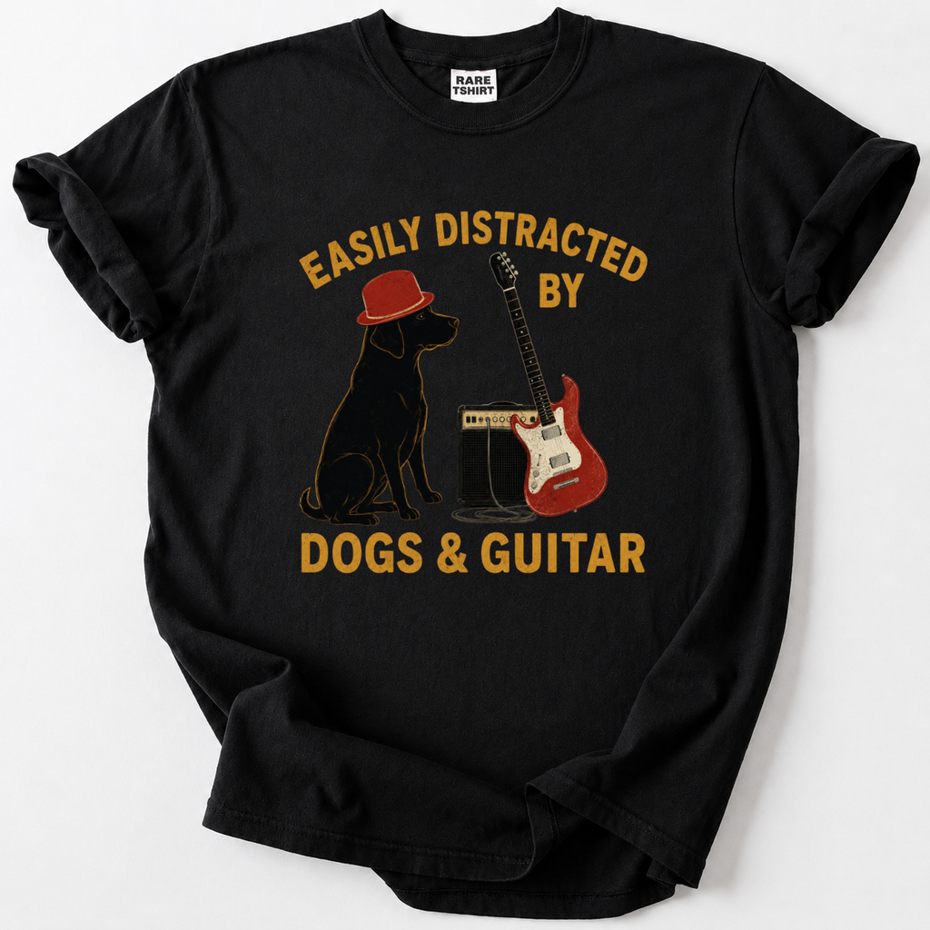 Black cotton t-shirt featuring a dog and electric guitar design for music lovers.