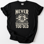 Rock the decks at any age with our Never Too Old DJ Skeleton Tee. Premium soft cotton, bold vintage graphic 