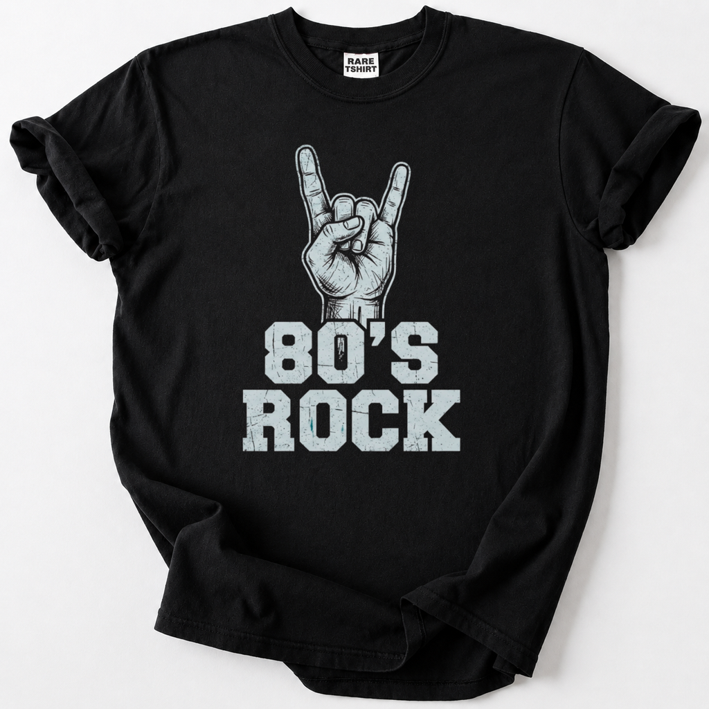 Black 80's Rock t-shirt with rock hand sign horns graphic design