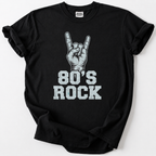 Black 80's Rock t-shirt with rock hand sign horns graphic design
