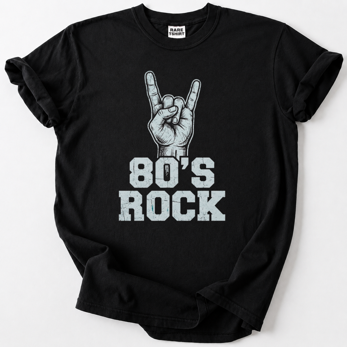 Black 80's Rock t-shirt with rock hand sign horns graphic design
