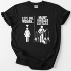 Vintage guitar lover t-shirt design with one woman many guitars quote