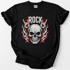 A black short-sleeve t-shirt with a graphic print of a skull, red flames, and the word 'ROCK' with hand gestures, laid flat on a light gray background.