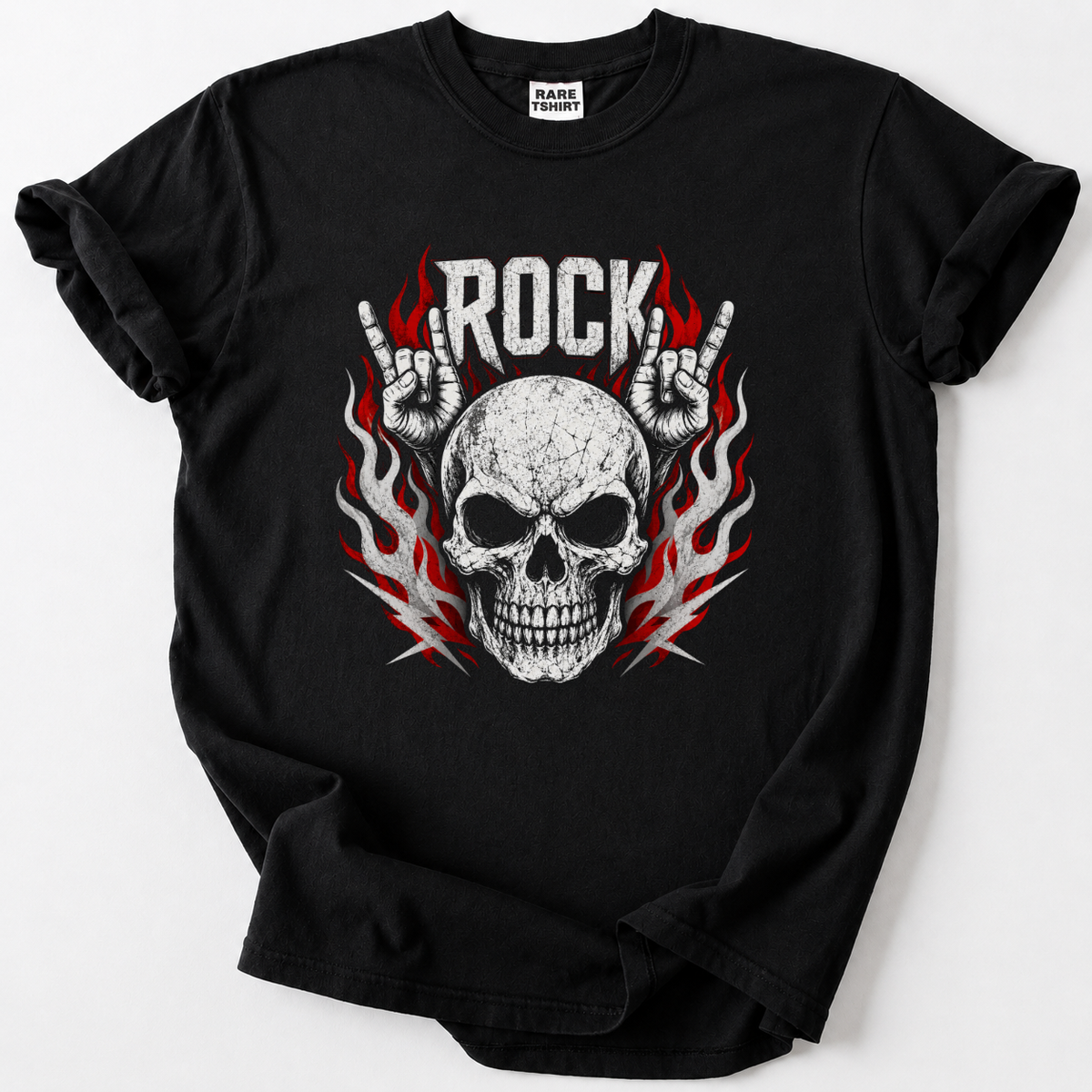 A black short-sleeve t-shirt with a graphic print of a skull, red flames, and the word 'ROCK' with hand gestures, laid flat on a light gray background.