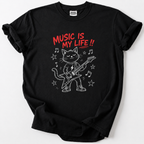 Rock out with our "Music Is My Life" cat guitarist tee — bold graphic, soft cotton feel. Perfect for musicians &amp; cat lovers. 