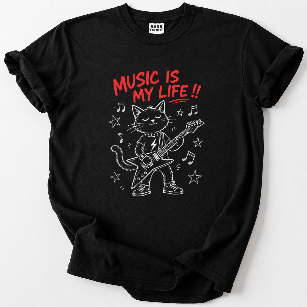 Rock out with our "Music Is My Life" cat guitarist tee — bold graphic, soft cotton feel. Perfect for musicians &amp; cat lovers. 