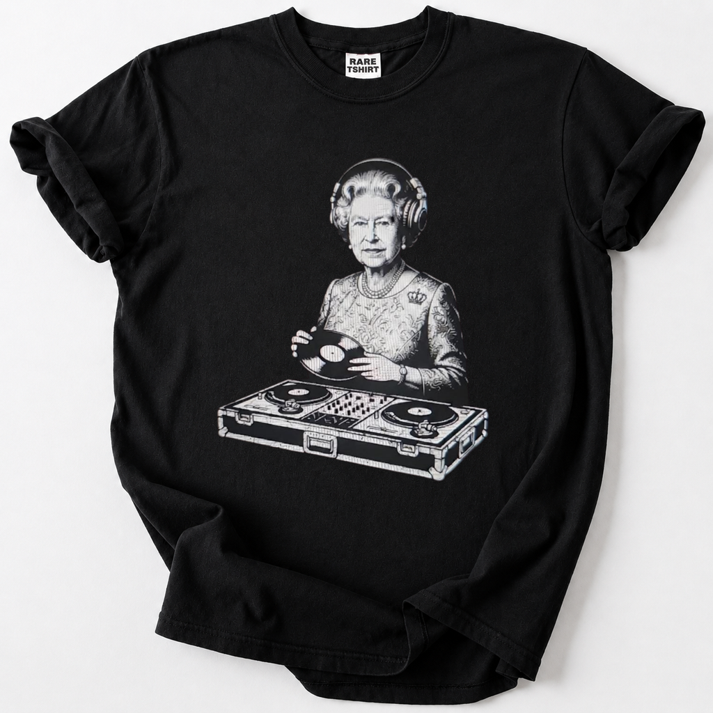 Royal DJ vinyl record graphic on black cotton t-shirt for music lovers