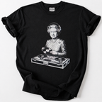 Royal DJ vinyl record graphic on black cotton t-shirt for music lovers