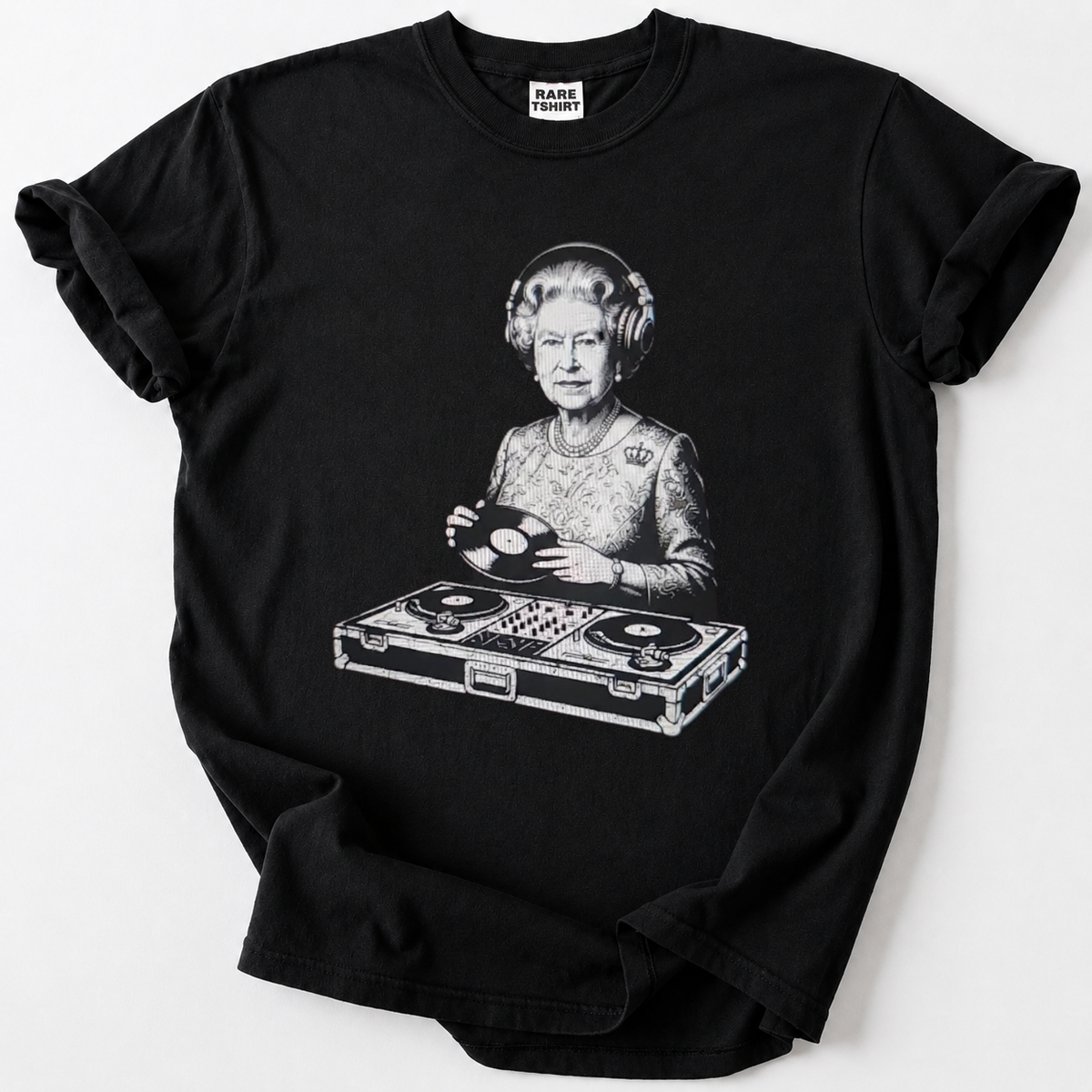 Royal DJ vinyl record graphic on black cotton t-shirt for music lovers