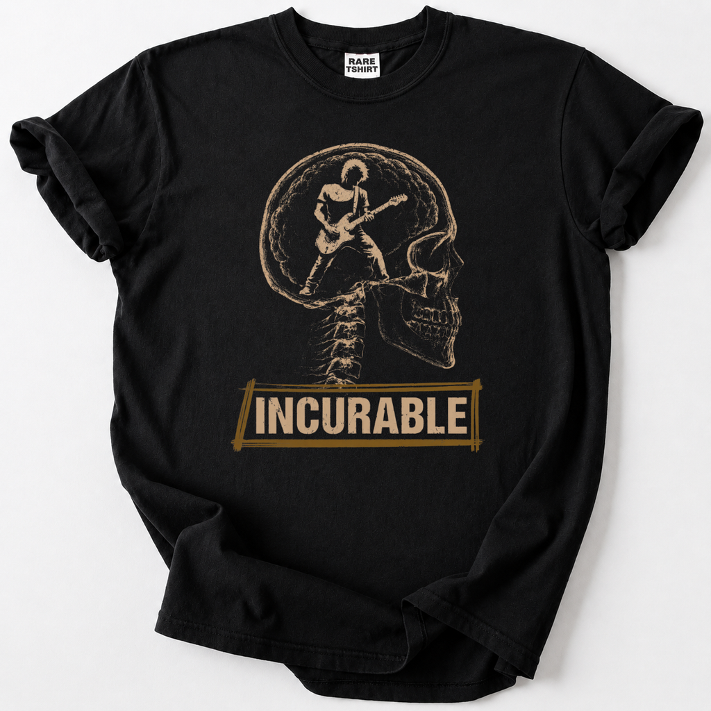 Vintage skull guitarist graphic tee, black cotton rock band t-shirt design