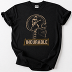 Vintage skull guitarist graphic tee, black cotton rock band t-shirt design